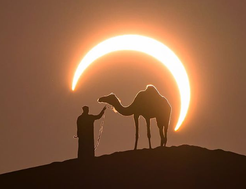 Tiro certeiro: foto com enquadramento perfeito captura homem e dromedário no deserto