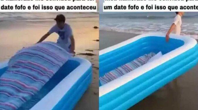 Casal tenta fazer encontro romântico com colchão no mar; veja o resultado